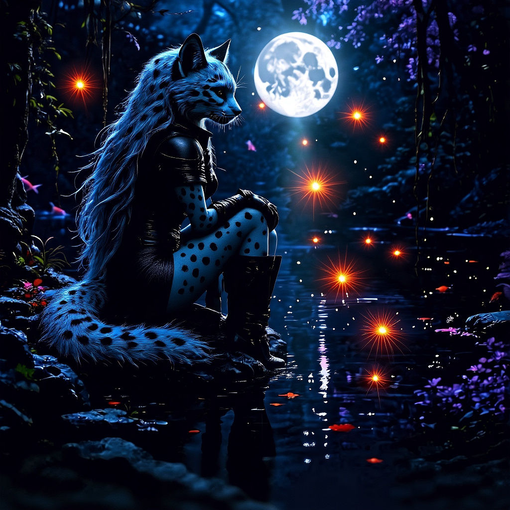 Snow Leopard Woman by Pond: Hyperrealistic Splash Art