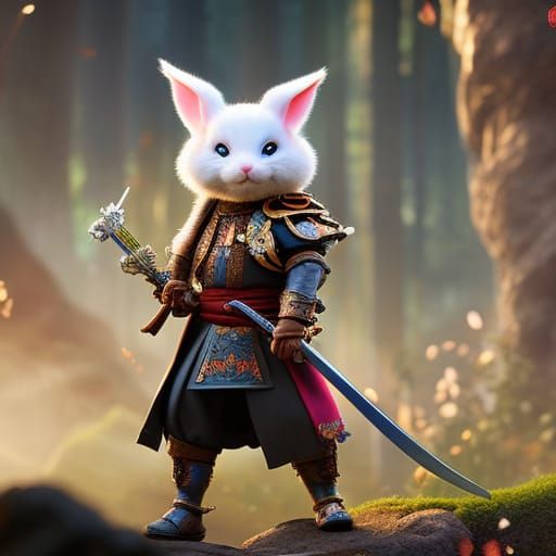 Samurai Rabbit with Cherry Blossoms in Cartoon Style