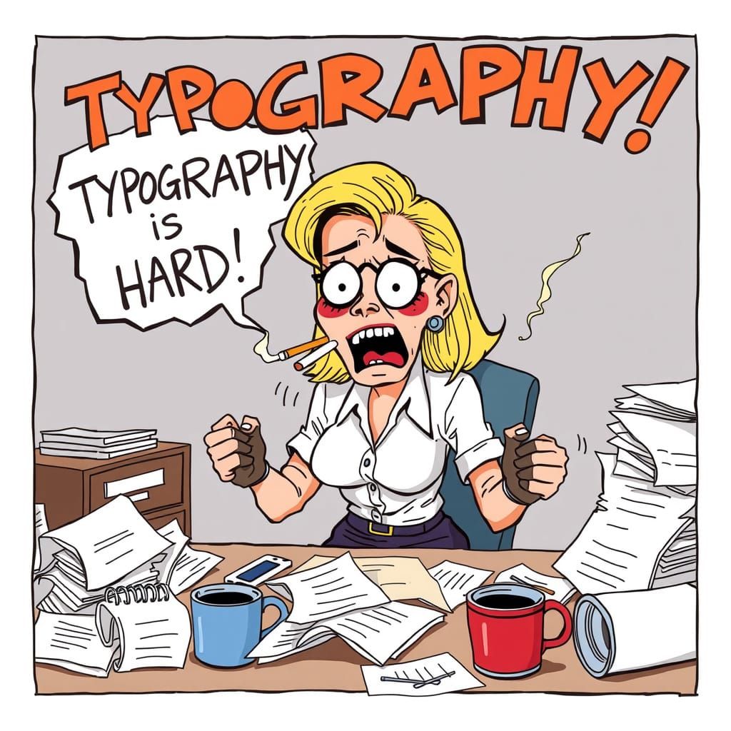 Cartoon Woman at Desk, Desperate for Typographic Redemption