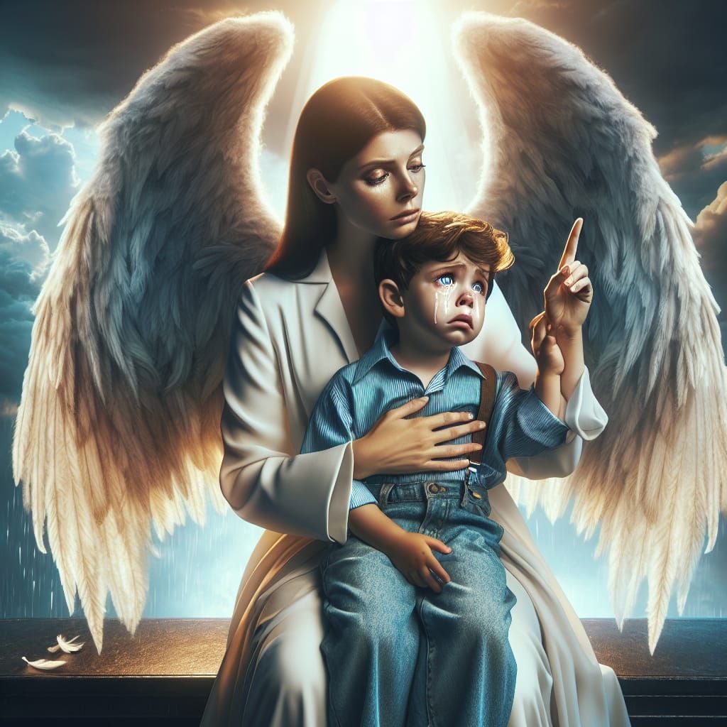 Boy's Grief, Angel's Comfort in Funeral Setting