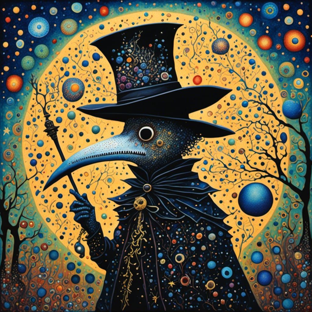 Whimsical Plague Doctor in Dark Pointillism Style
