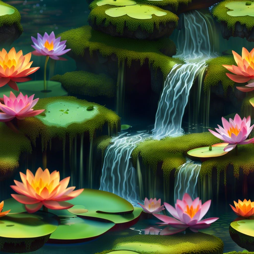 Mossy Waterfall with Water Lilies in Vivid Colors