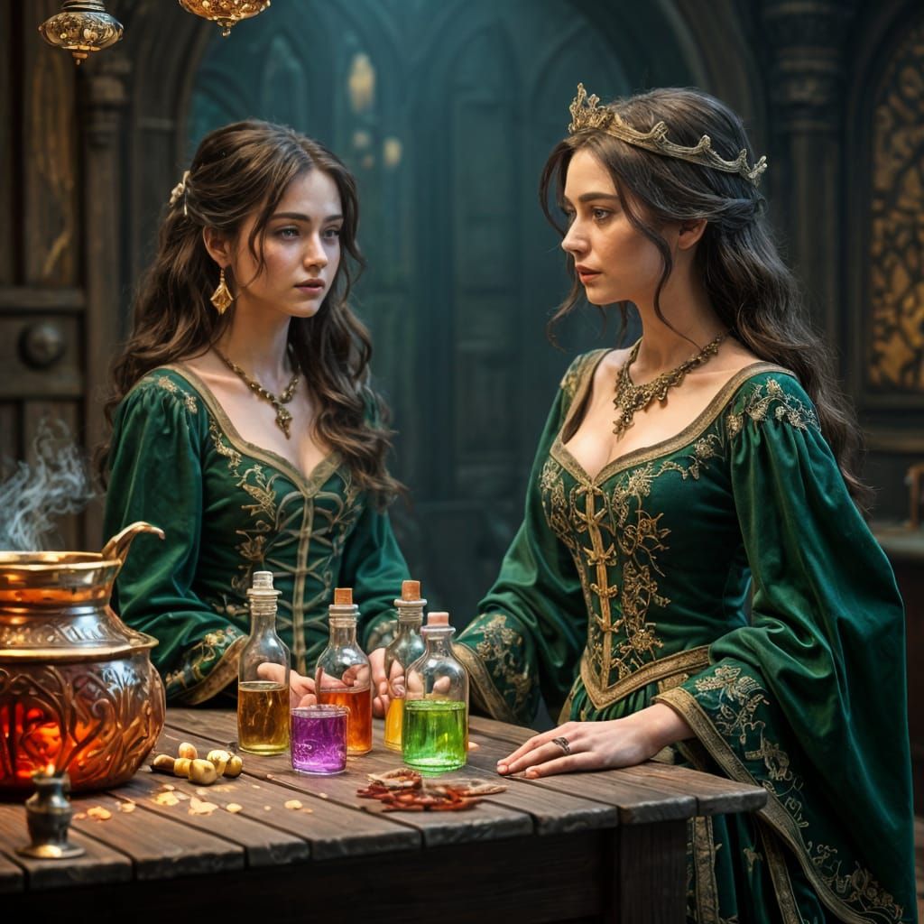 Sorceress and Student at Magic Potion Table