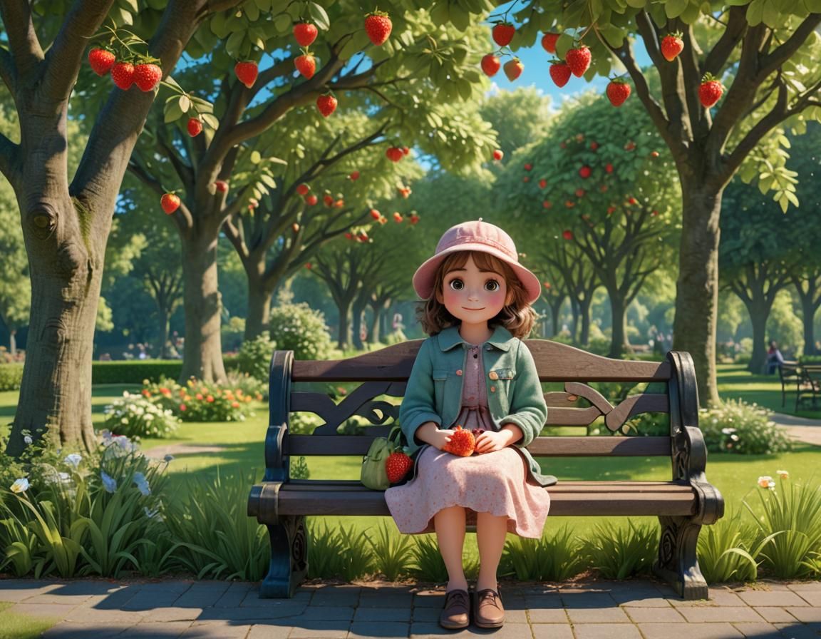 Fruit-Adorned Girl in English Garden, 3D Animation