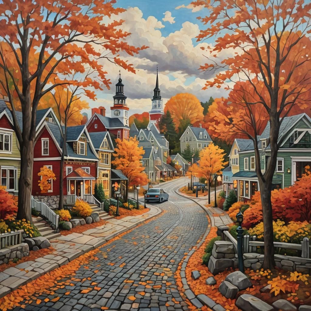 Quaint Autumn Town in Maine as Impasto Painting