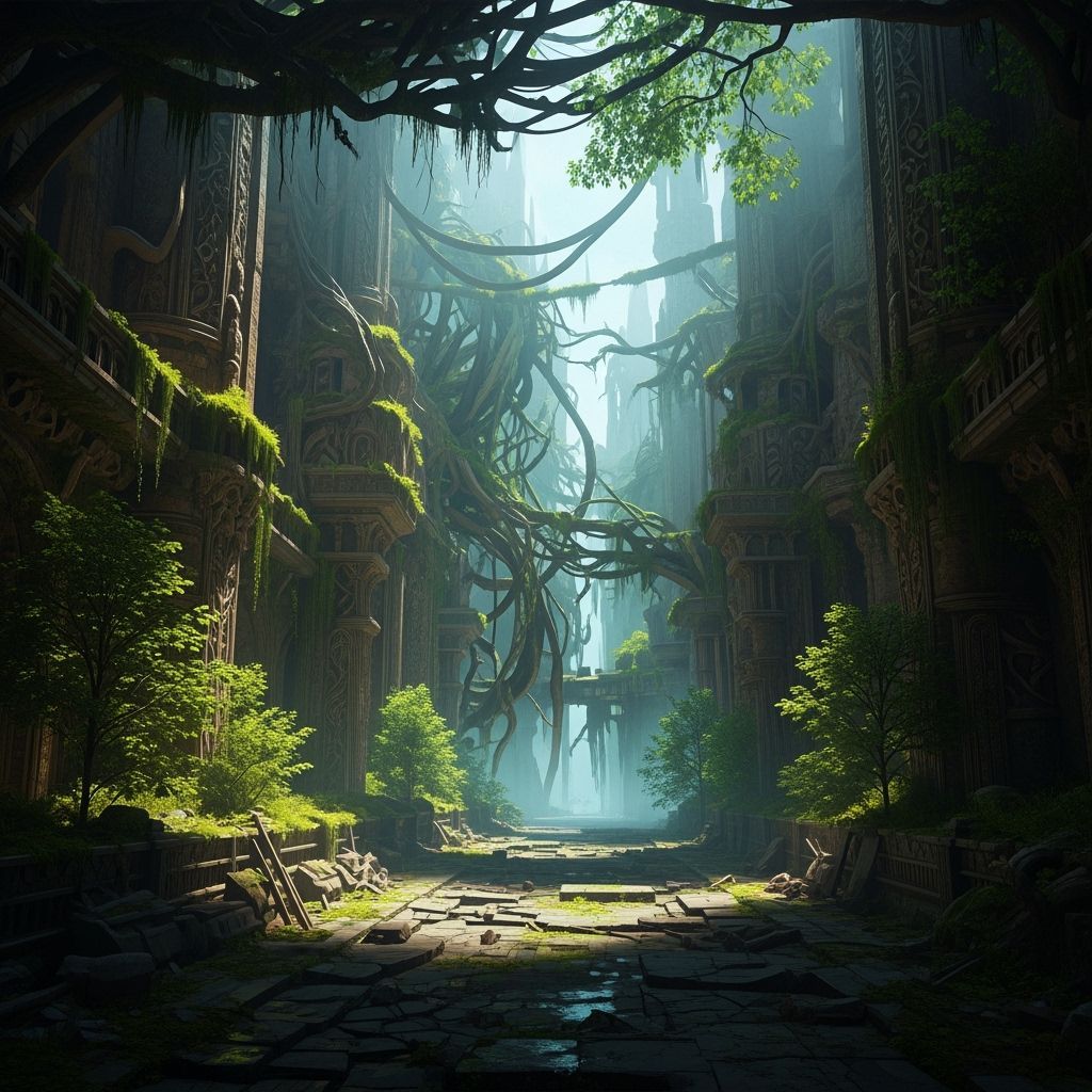 Overgrown Elven City Ruins in Gritty Realism