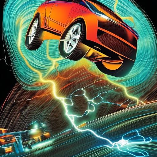 Electric Sports Car in Motion: Comic Book Style Art