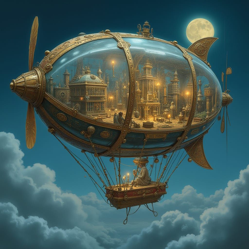 Majestic Steampunk Zeppelin Drifts Through Moonlit Sky