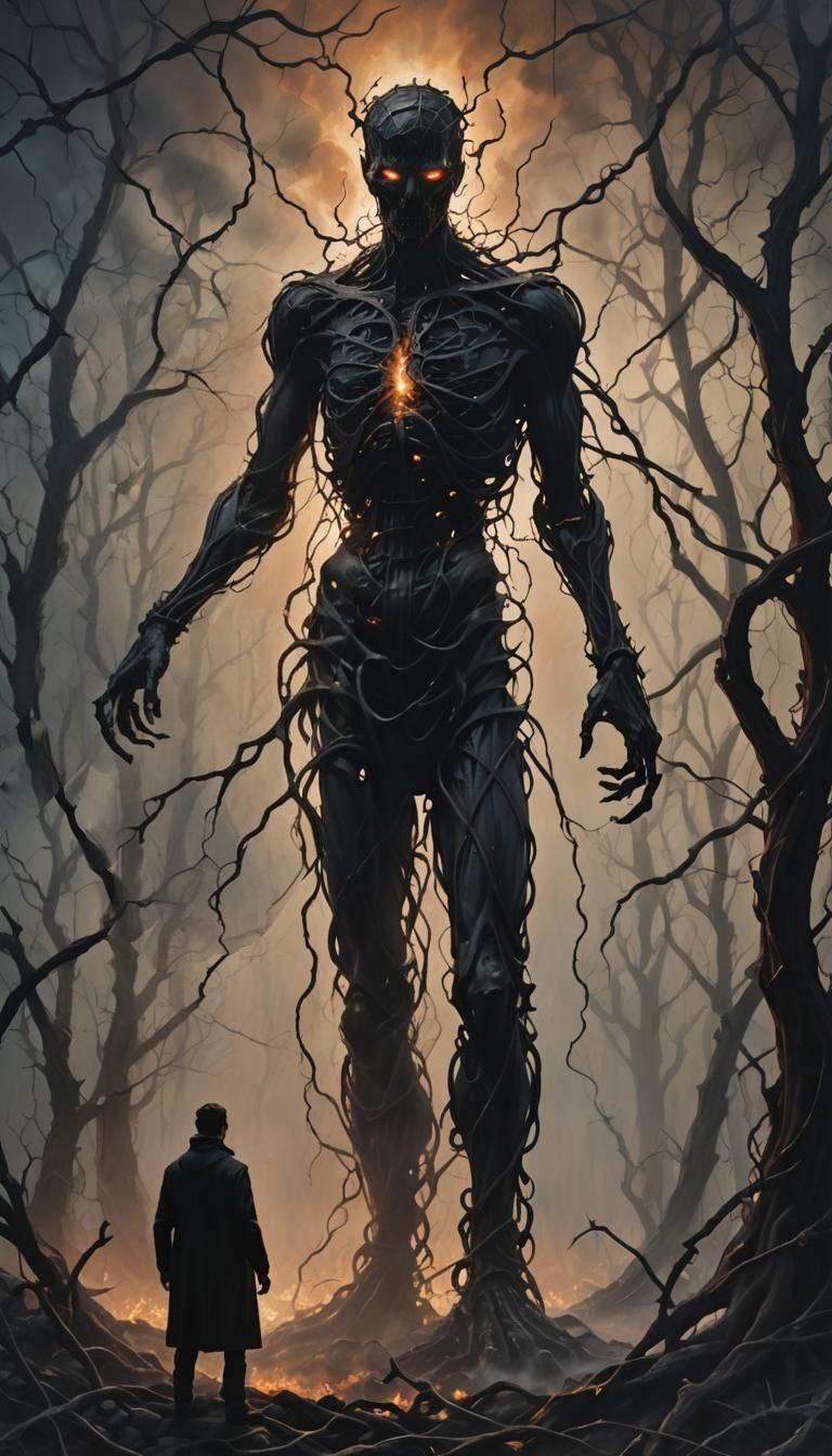 Ethereal Horror: Dark Figure in Surrealist Oil Painting