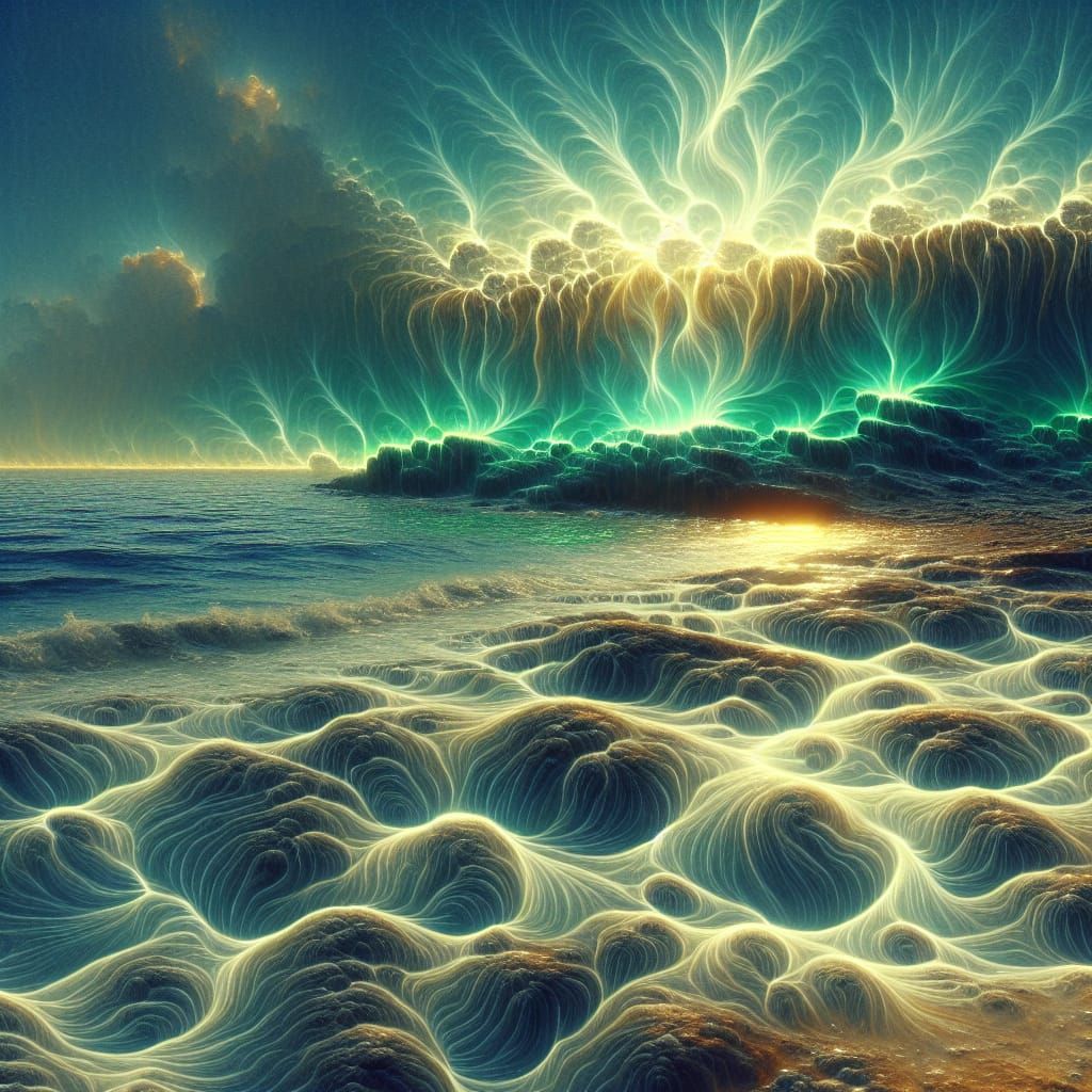 Surreal Coastal Scene with Glowing Reaction-Diffusion Patter...