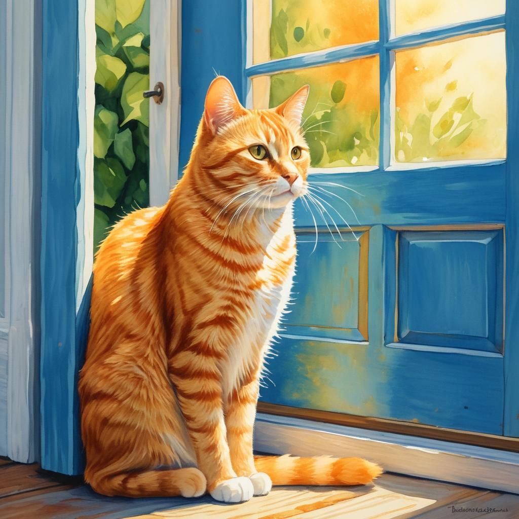 Orange Tabby Cat at Door: Watercolor Summer Afternoon