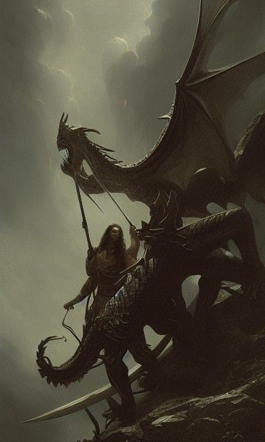 Archer Versus Dragon in Engraving Style