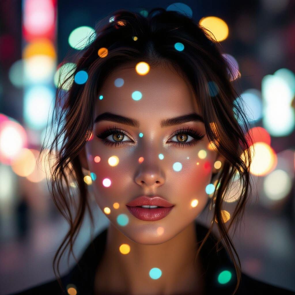 Ethereal Woman's Face in Neon City Lights