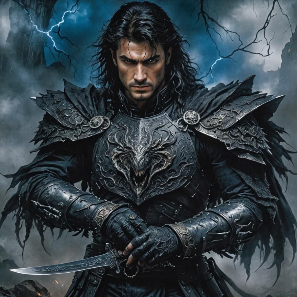 Warrior in Dark Armor with Sapphire Gems