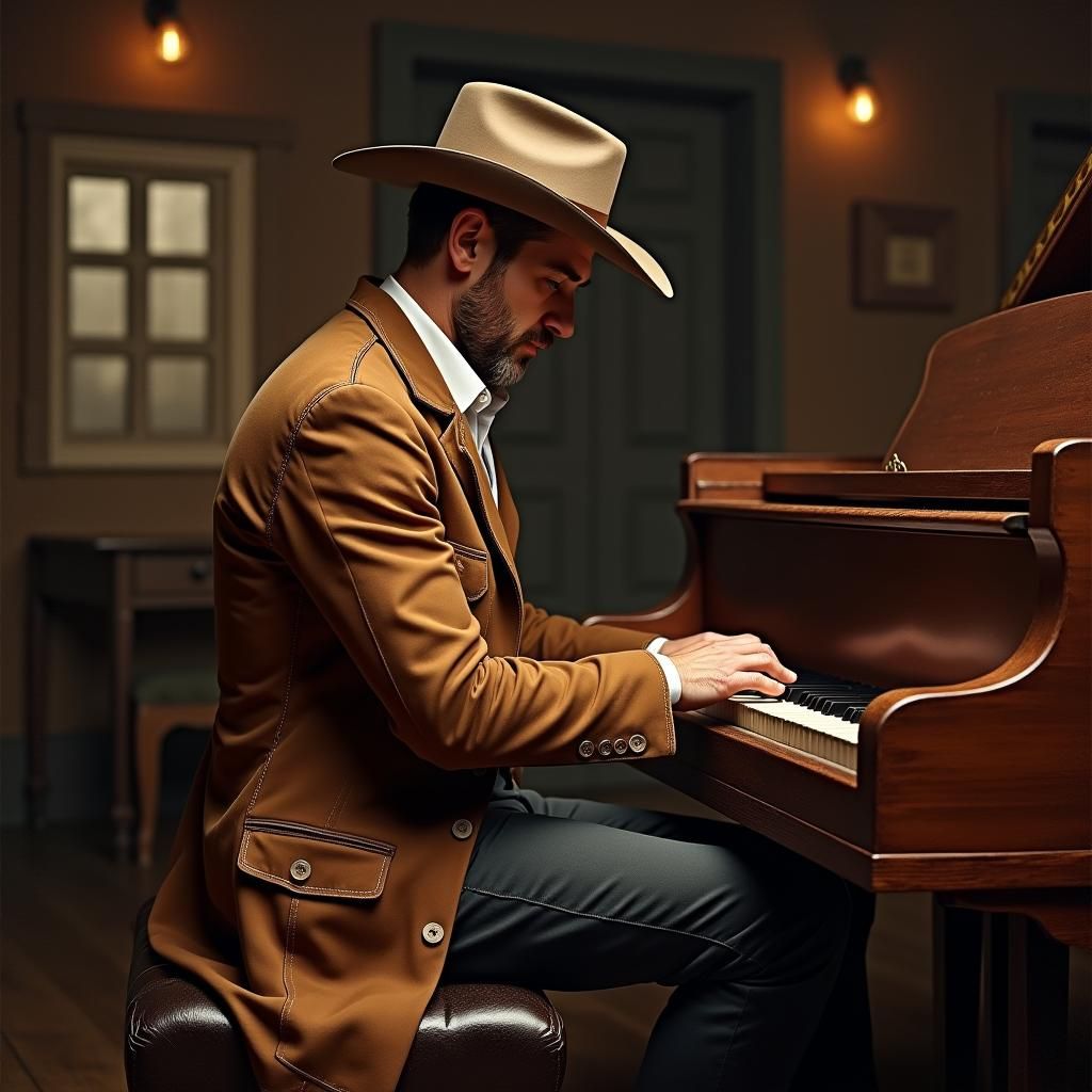 Cowboy Playing Piano in Western Attire