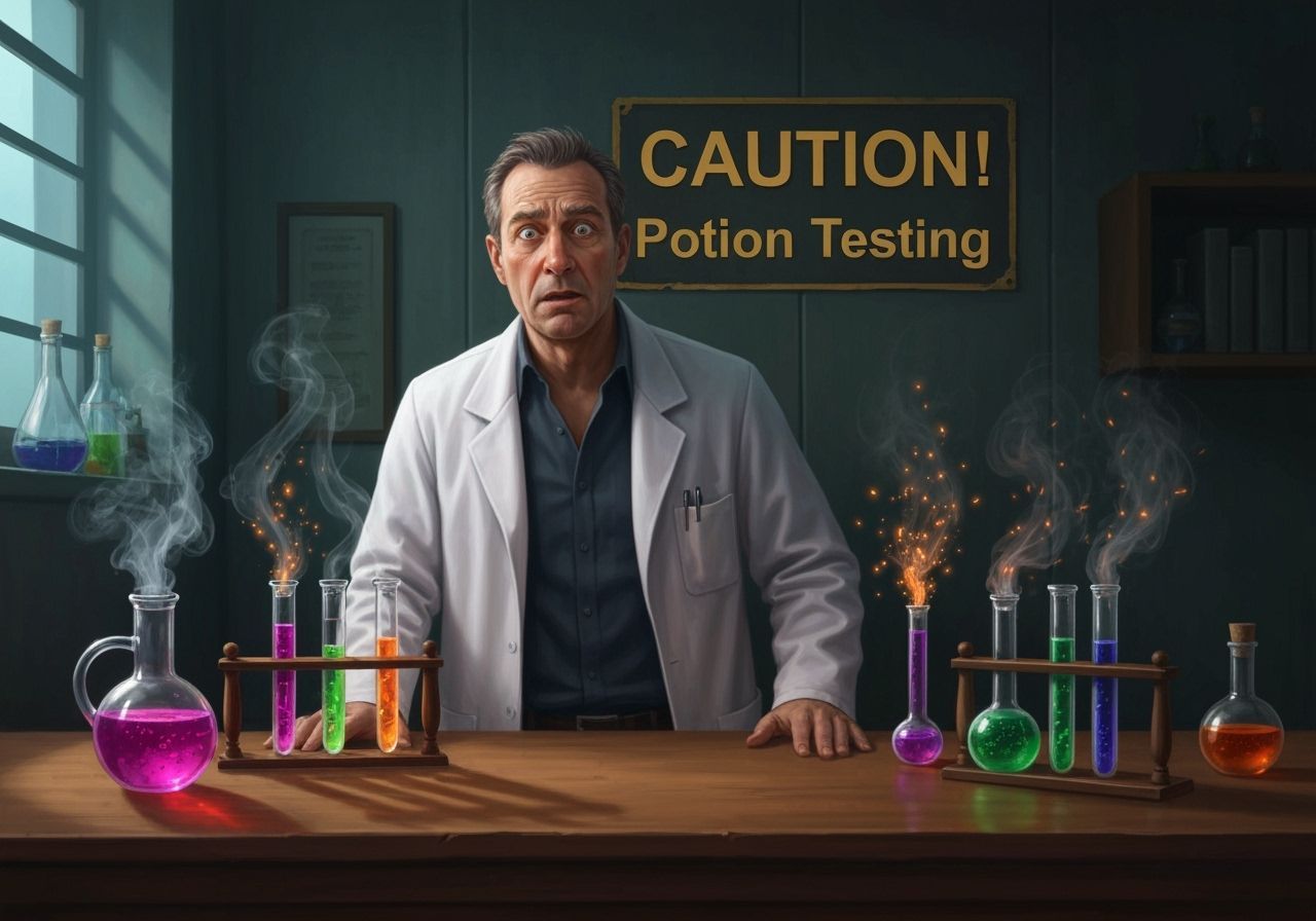 Bewildered Alchemist in Lab with Smoky Potions