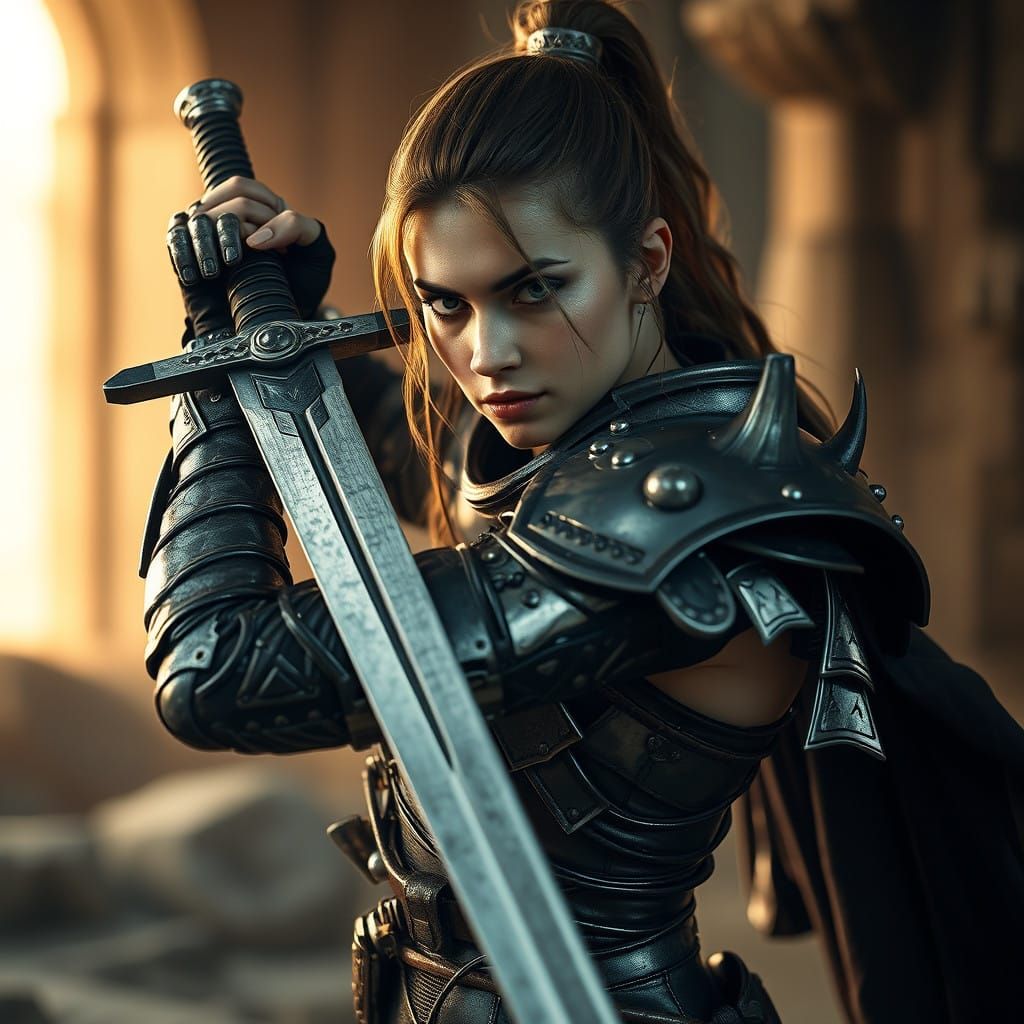 Heroic Female Warrior in Cinematic Armor