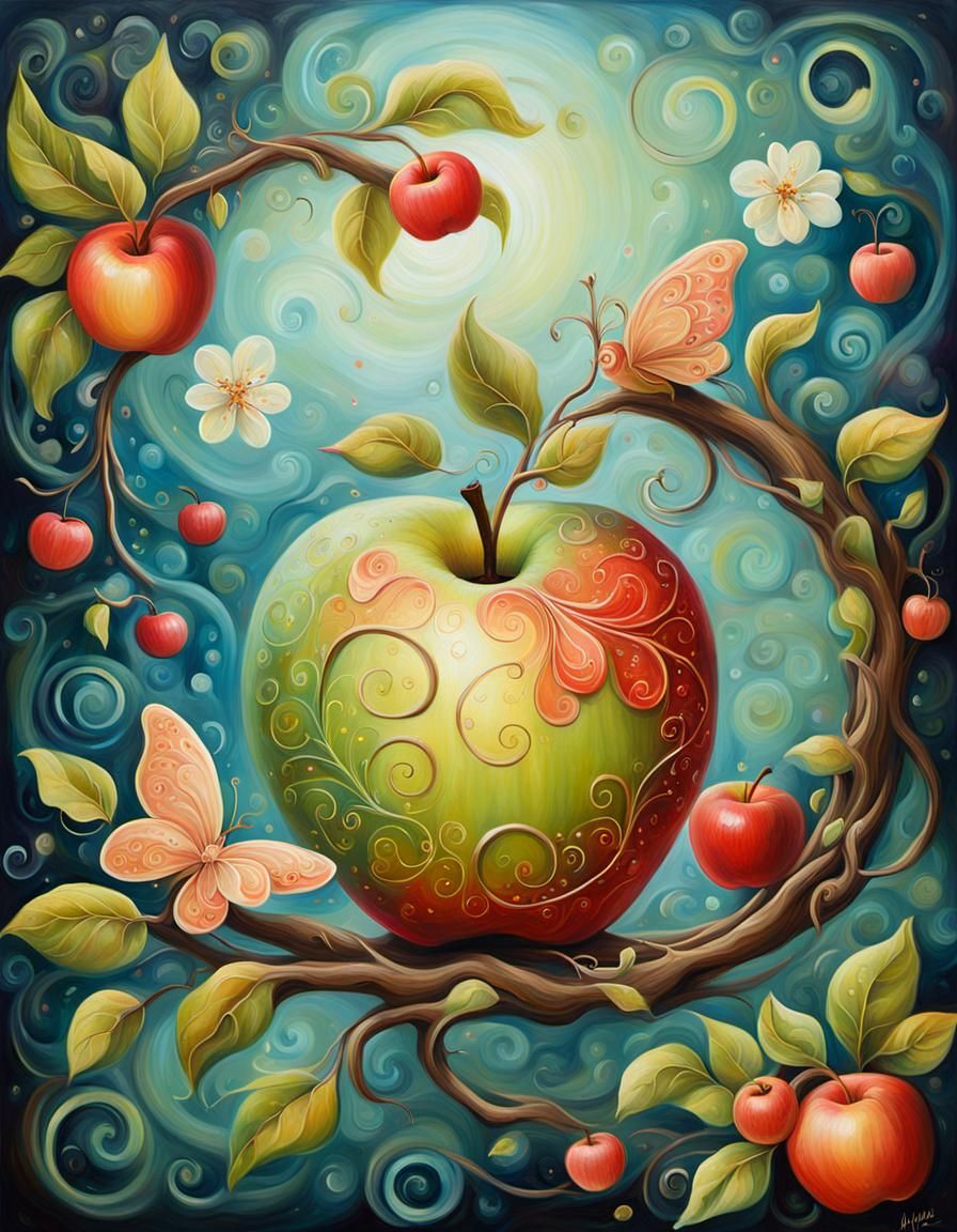 Whimsical Fairy Apple Oil Painting