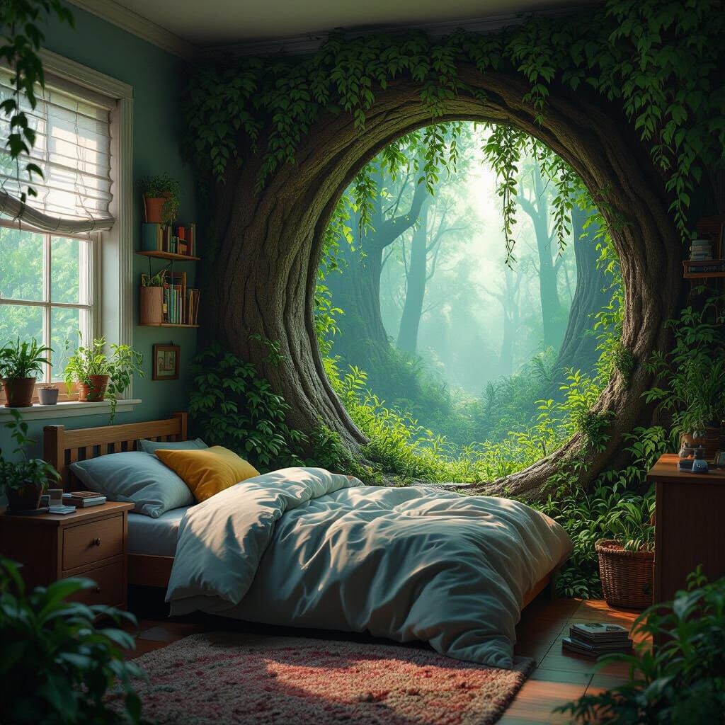 Bedroom Wall Portal to Mythical Forest, Matte Painting