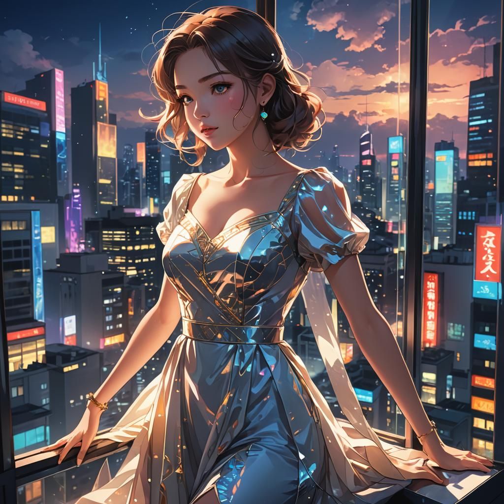 Woman in Neon Cityscape: Cel-Shaded Anime Style