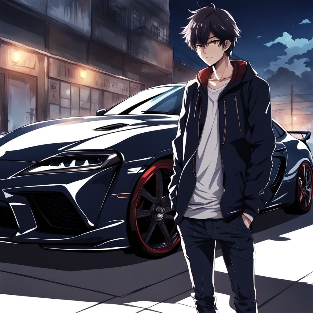 Anime Boy with Supra Car in Manga Style