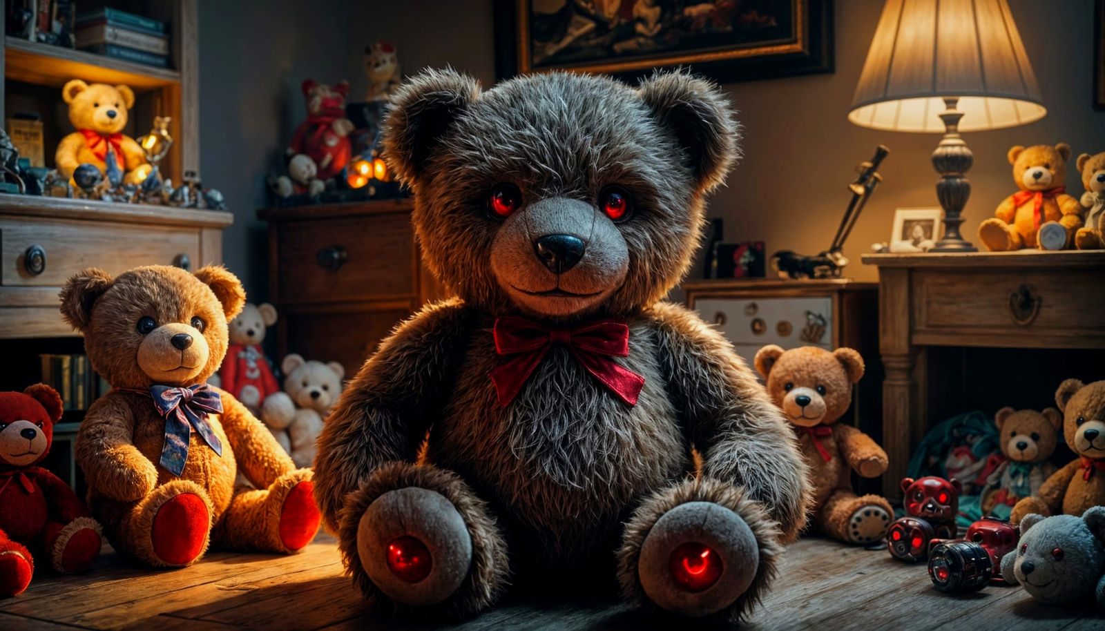 Evil Teddy Bear in Toy-Filled Room - Cinematic Photo