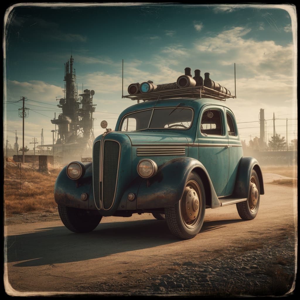 Vintage Dieselpunk Landscape with Industrial Elements