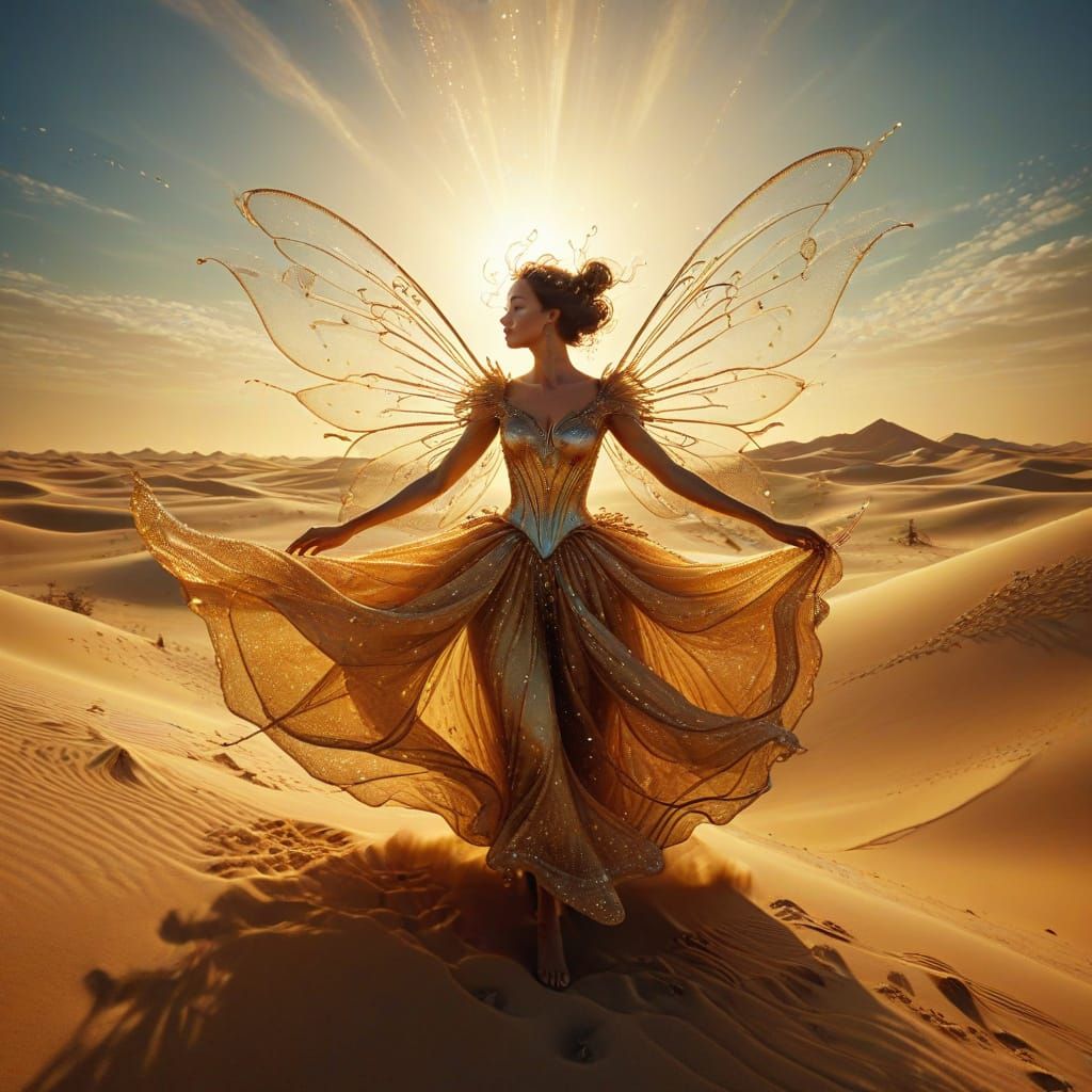 Surreal Sand Fairy Dances Across Desert Dunes
