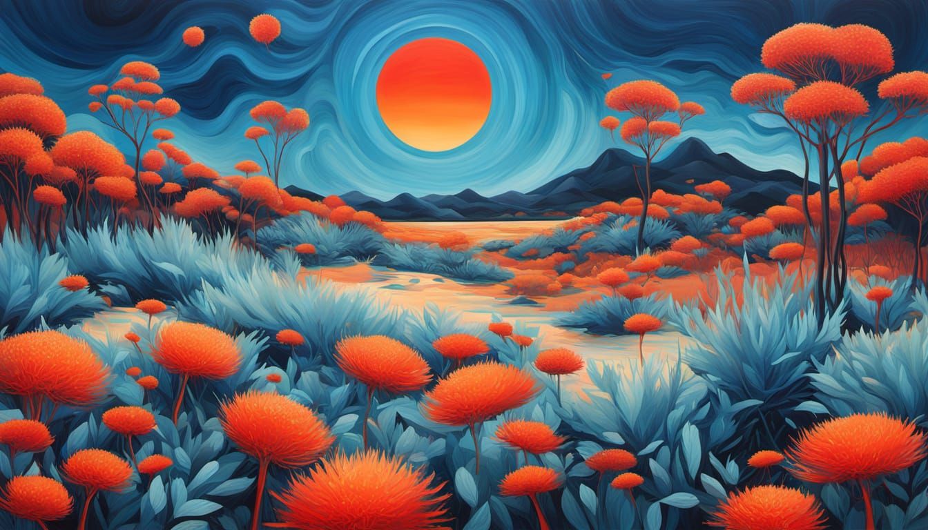 Surreal Abstract Landscape Painting with Fireflies