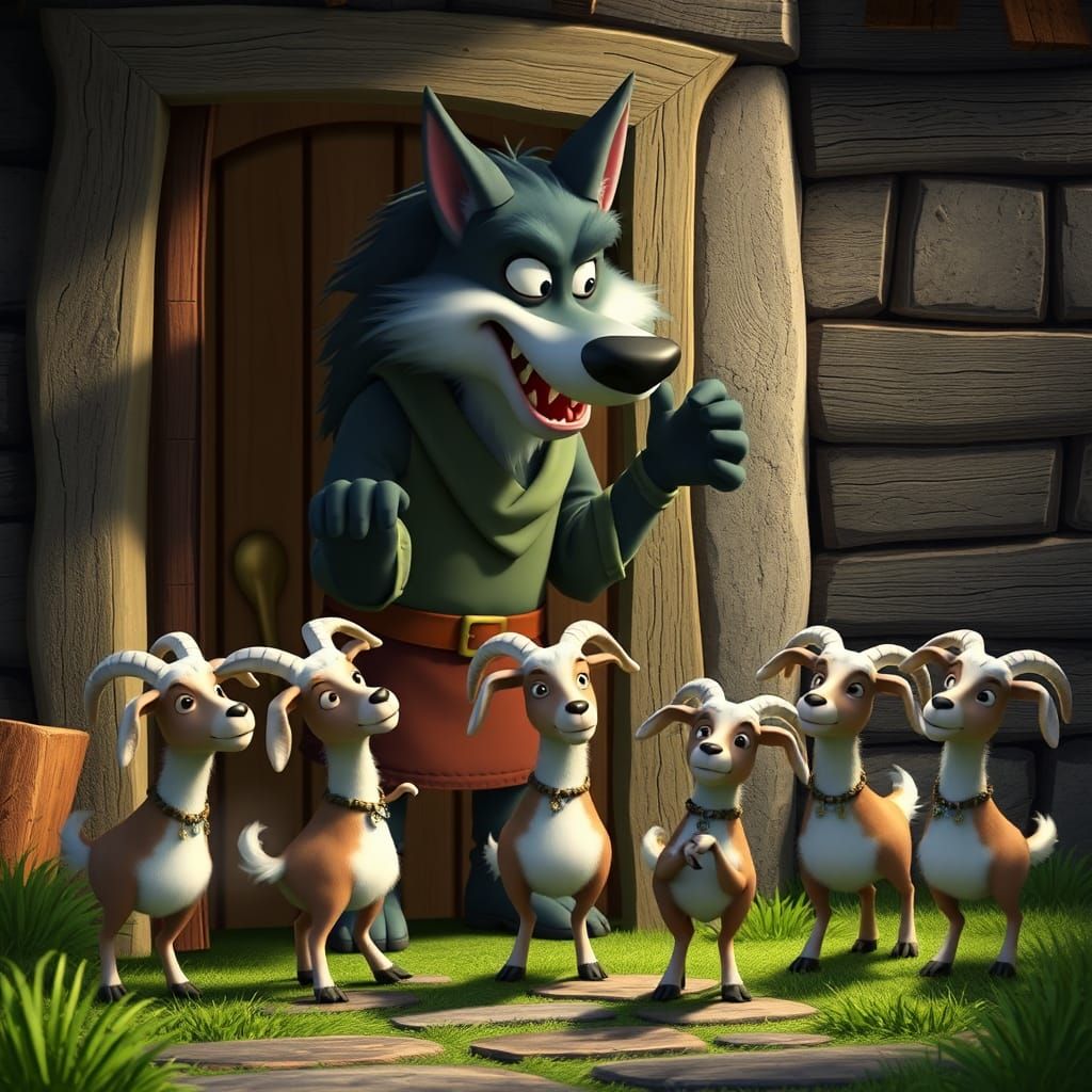Big Wolf and Seven Goats in Pixar Style
