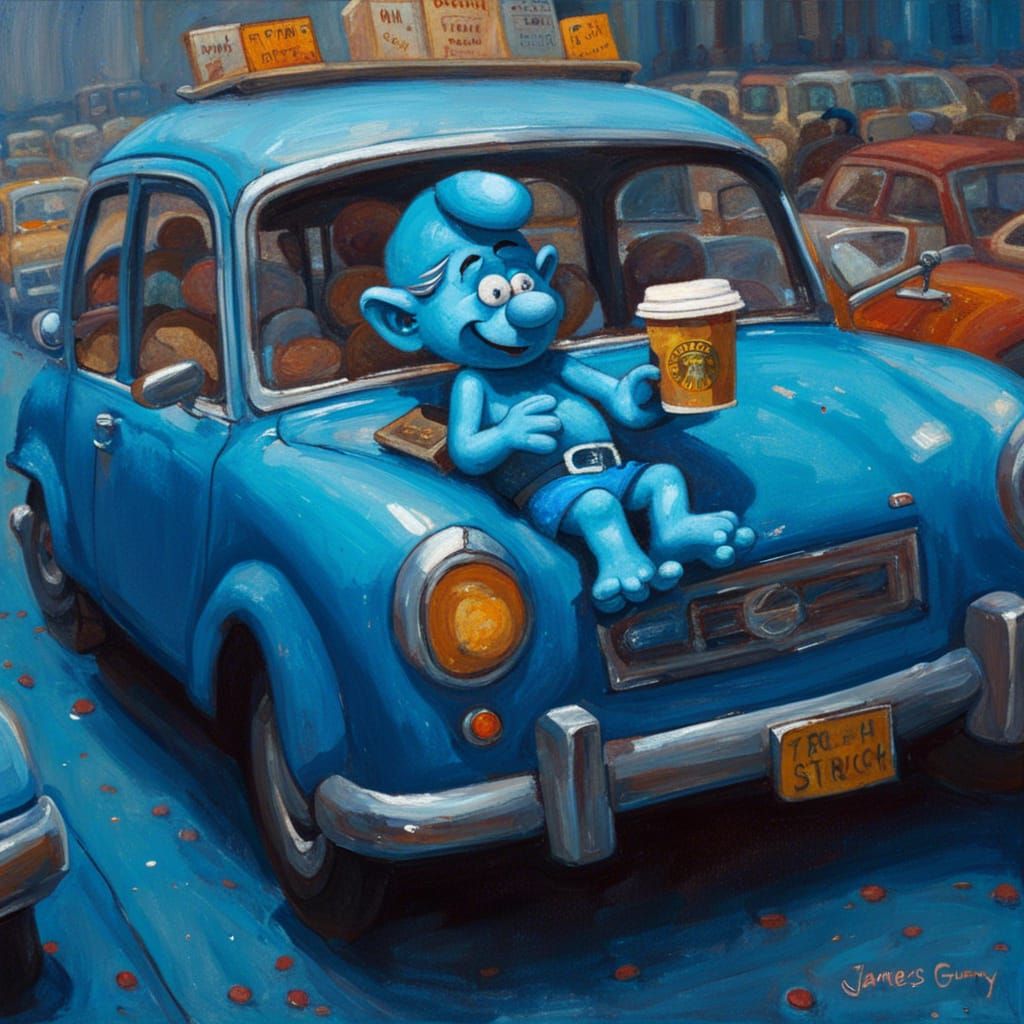 Blue smurf stuck in traffic jam drinking a cup of Starbucks coffee in his glitter blue car
