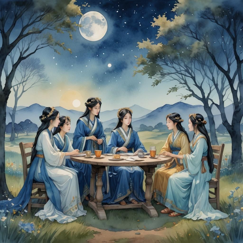 Moon Goddesses Meeting Under Giant Moon, Watercolor Illustra...