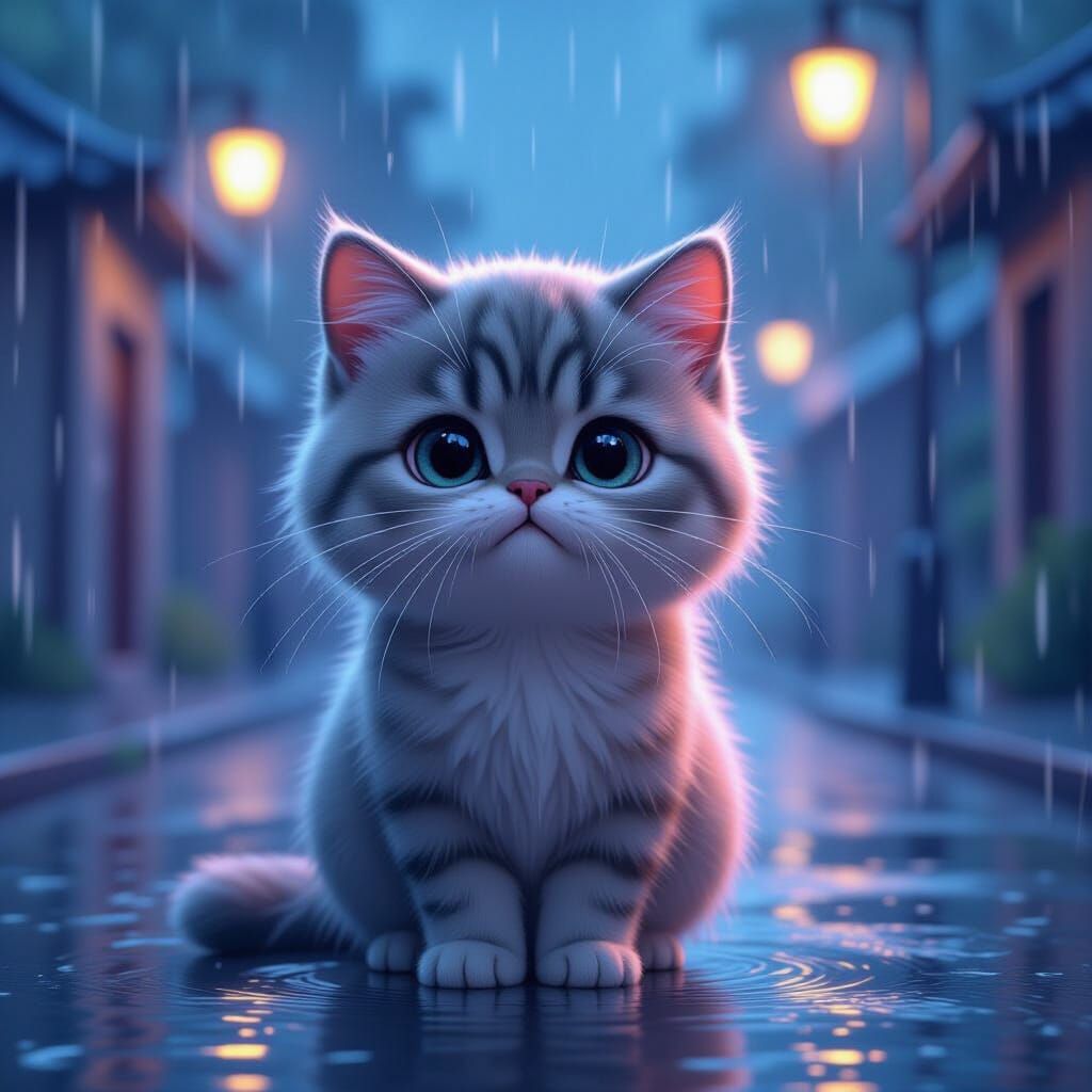 Adorable Fluffy Cat Meowing in Rain - Cute CGI Style
