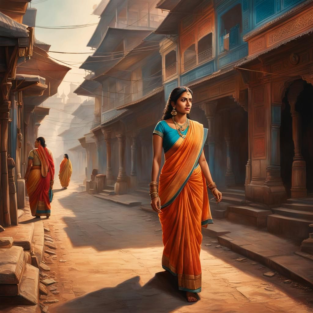 Hyperrealistic Indian Woman Walking to Temple