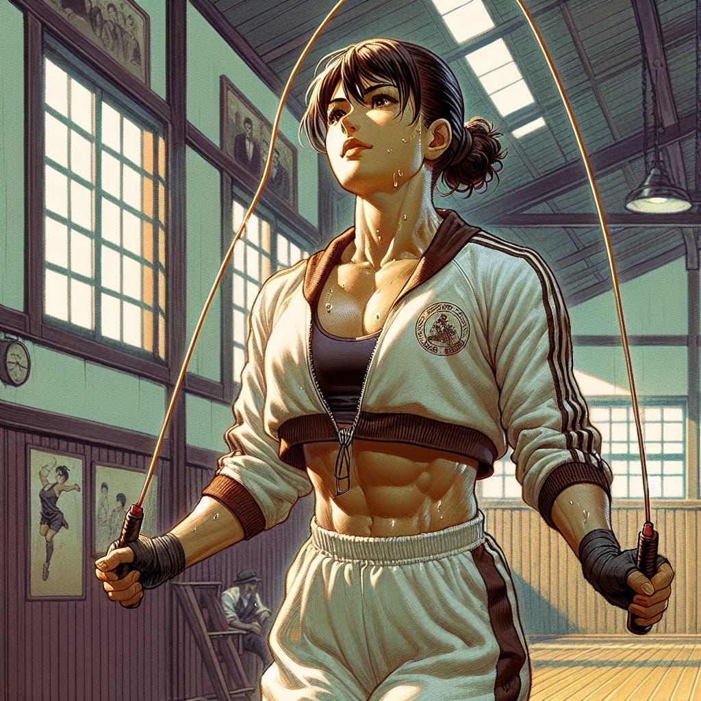 Hispanic Woman Jumping Rope in Manga Art Style