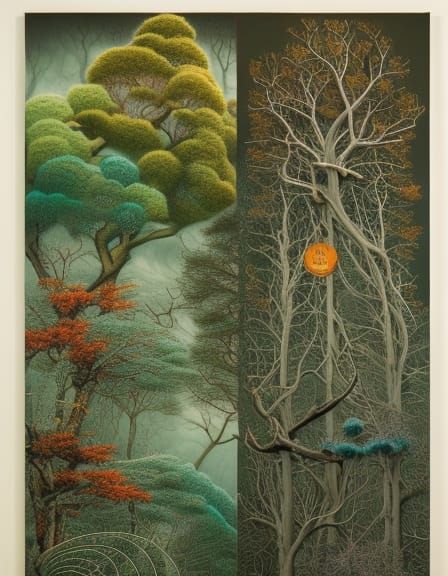 Intricate Forest Scene with Ladder Trees in Rich Colors