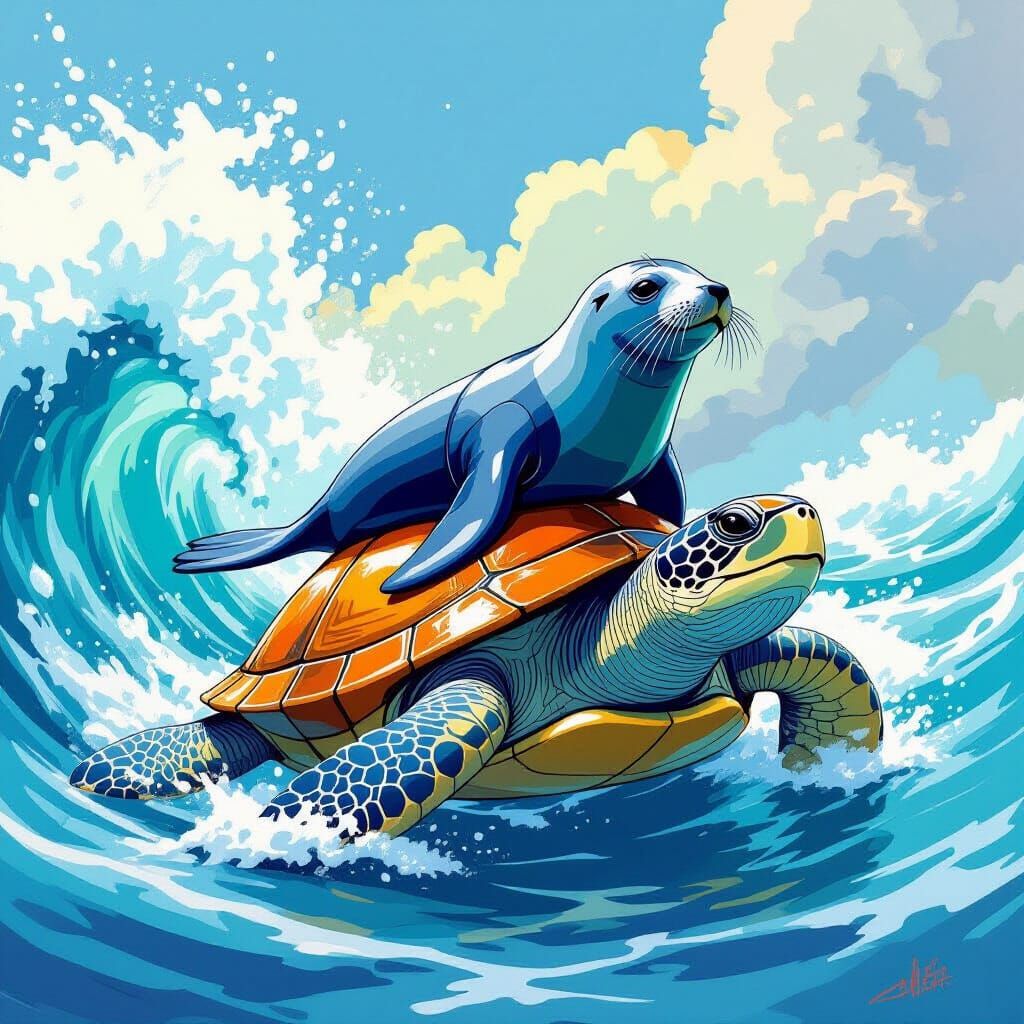 Seal Rides Giant Turtle Through Ocean Waves