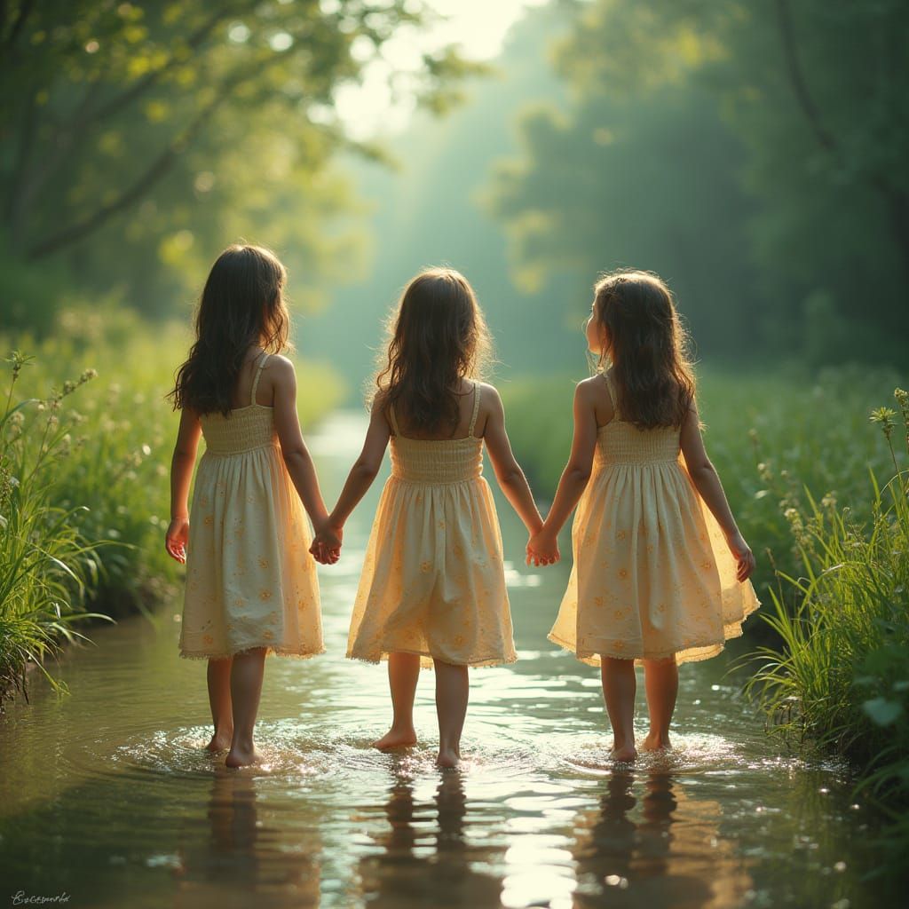 Girls in Water Stream, Whimsical Dreamy Style
