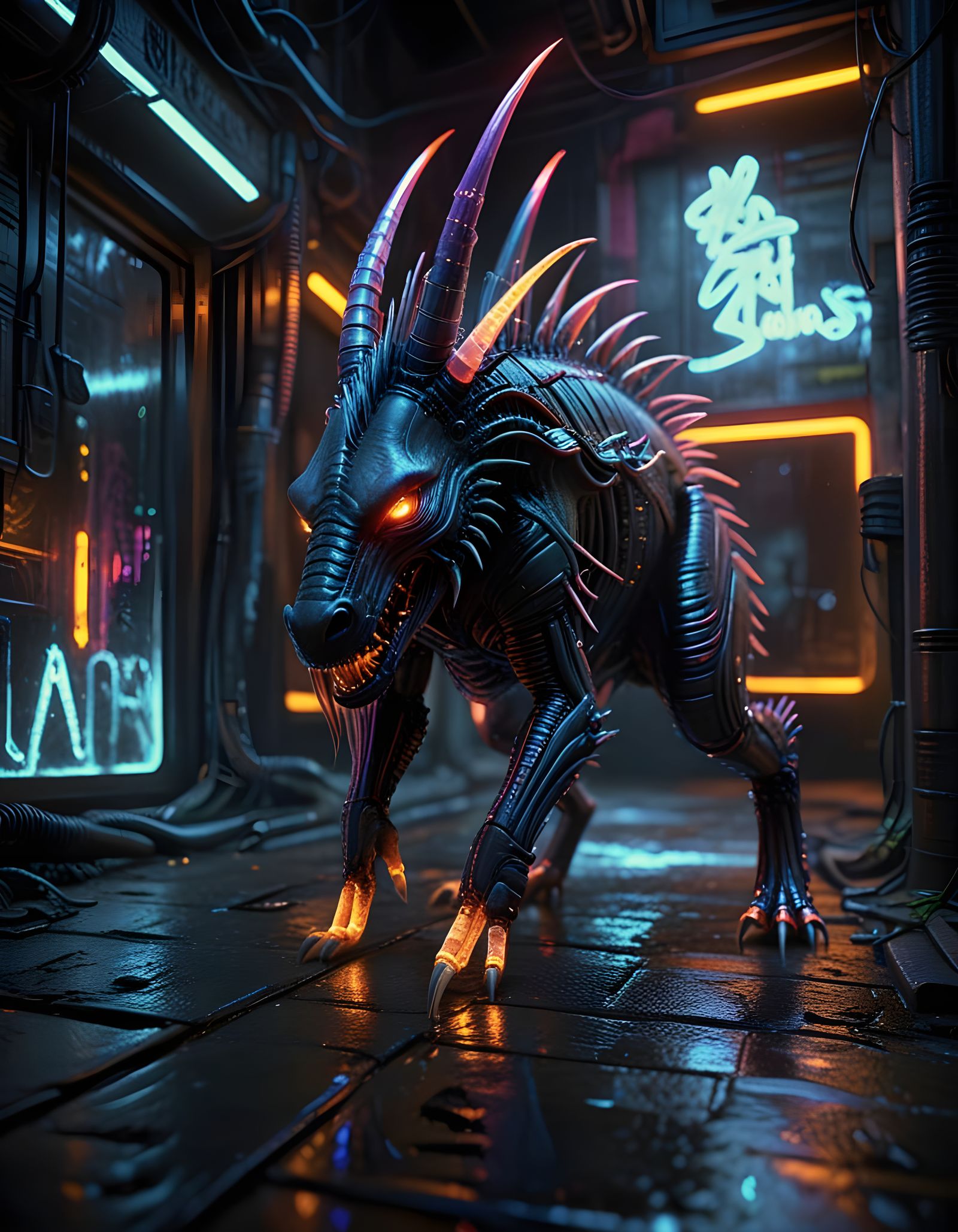Egyptian God Monster in Hyperrealistic Neon Graffiti