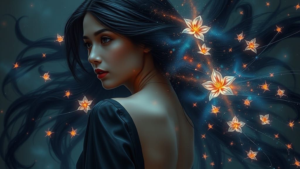 Ethereal Woman in Cosmic Attire, Surrounded by Nebulae