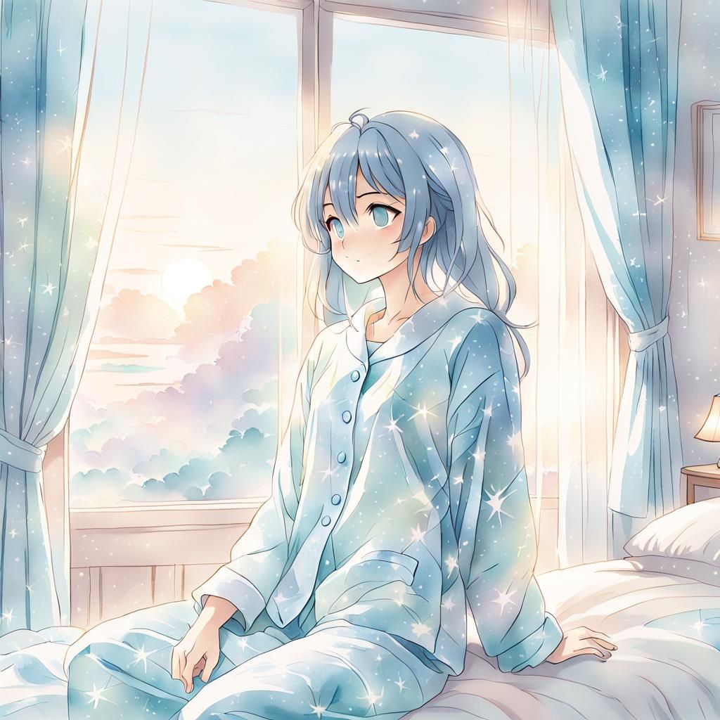 Serene Awakening: Pastel Anime Woman in Bedroom