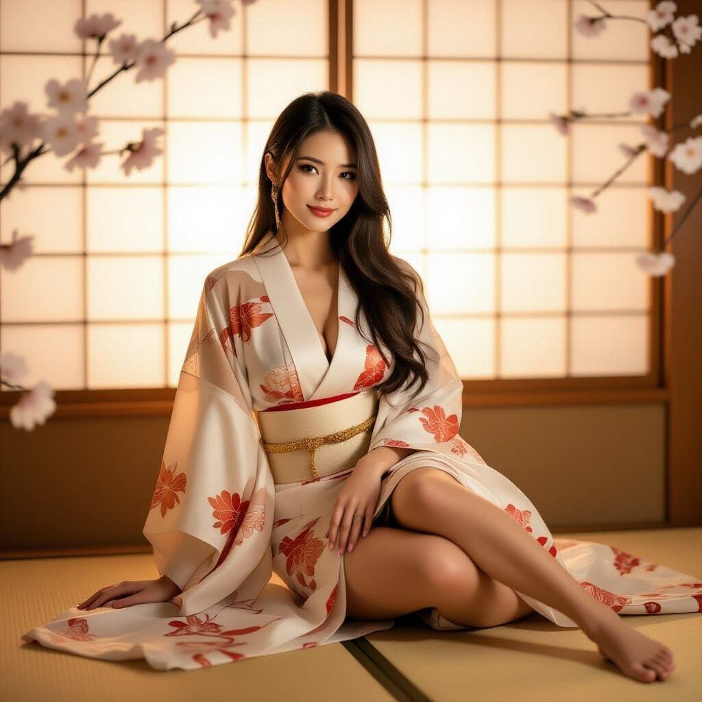 Elegant Japanese Woman in Sheer Kimono by Paper Window