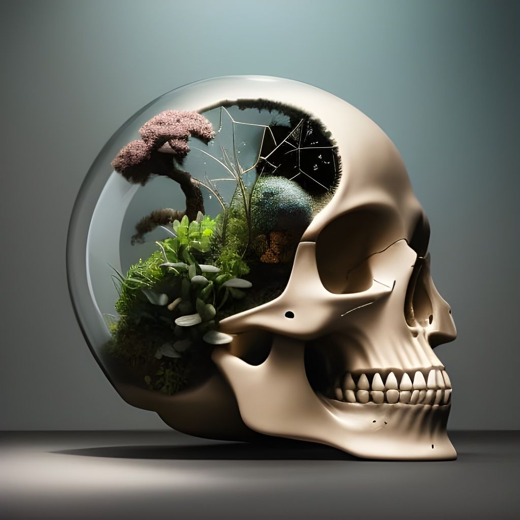 Terrarium Skull with Celestial Background in Digital Art
