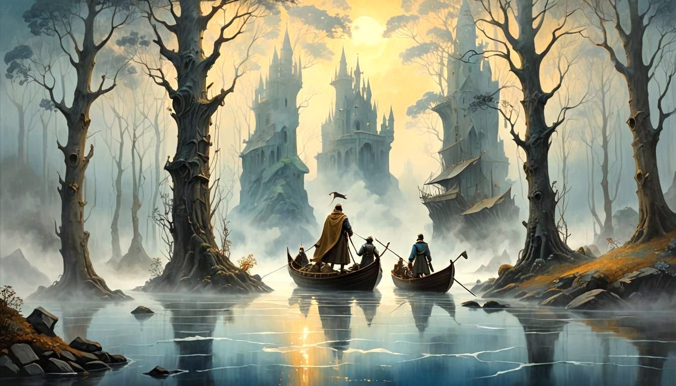 Mythical Ship Sails Through Ethereal Mists: Oil Painting