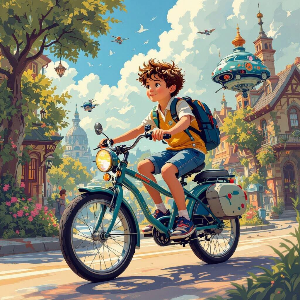 Boy on Bicycle in Whimsical, Detailed Scene