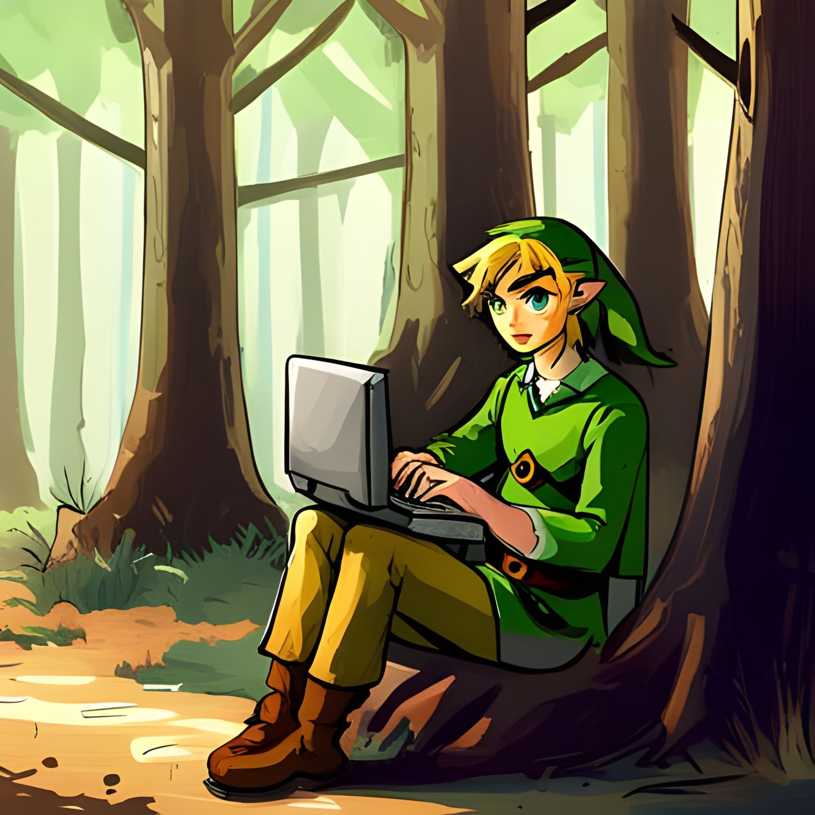 Link from Zelda Using a Computer in Forest