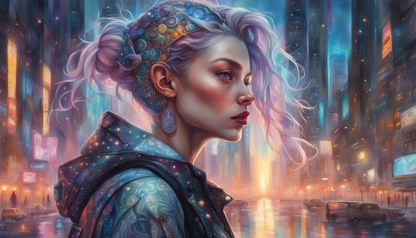 Holographic Cyberpunk Girl Portrait in Sunset