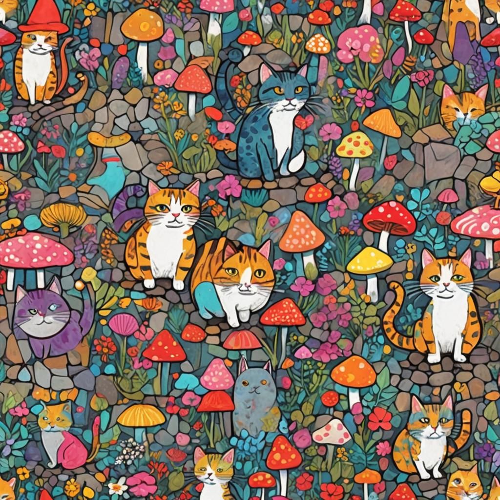 Colorful Cats in Whimsical Village, Doodle-Art Style