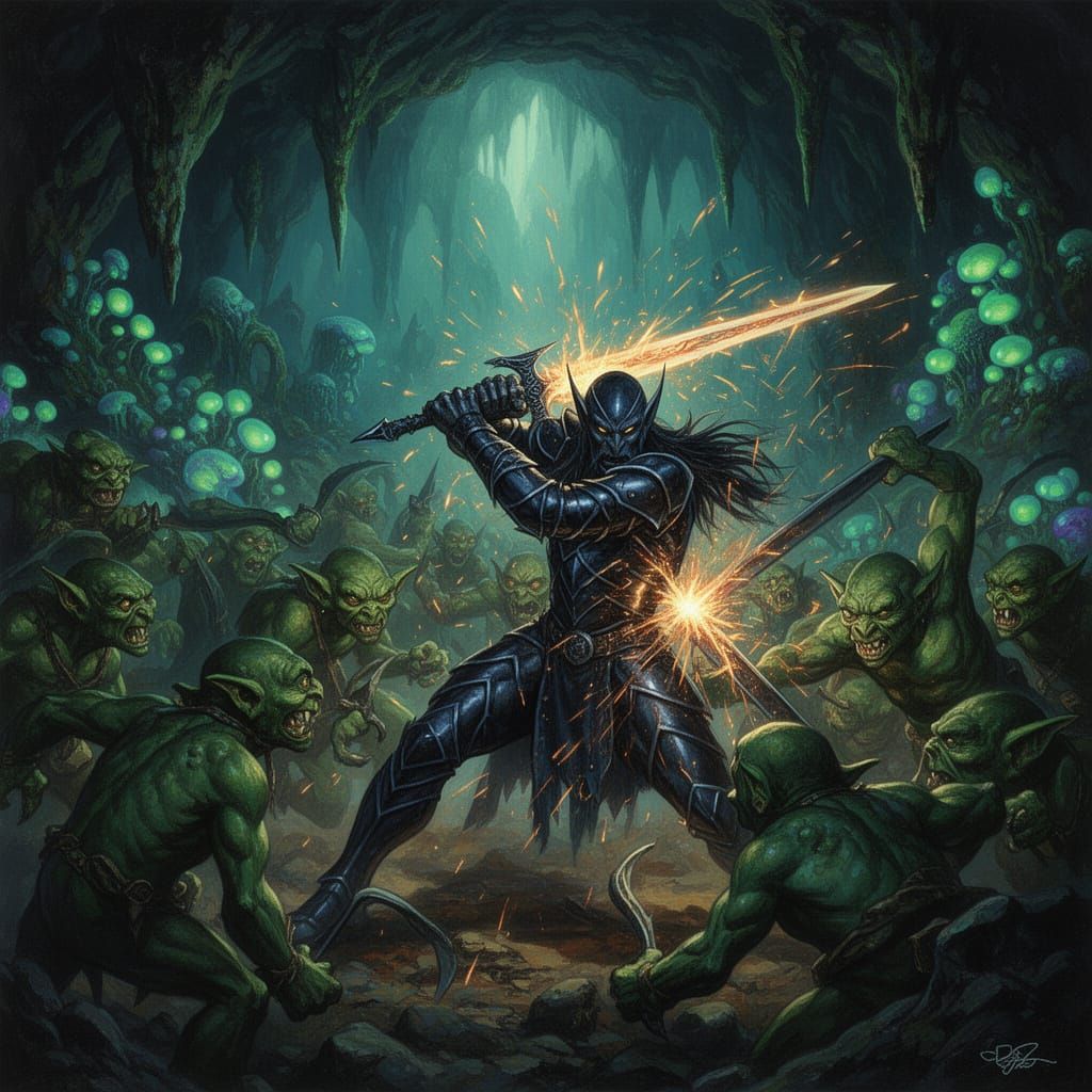 Dark Elf Warrior Battles Goblin Horde in Eerie Cavern