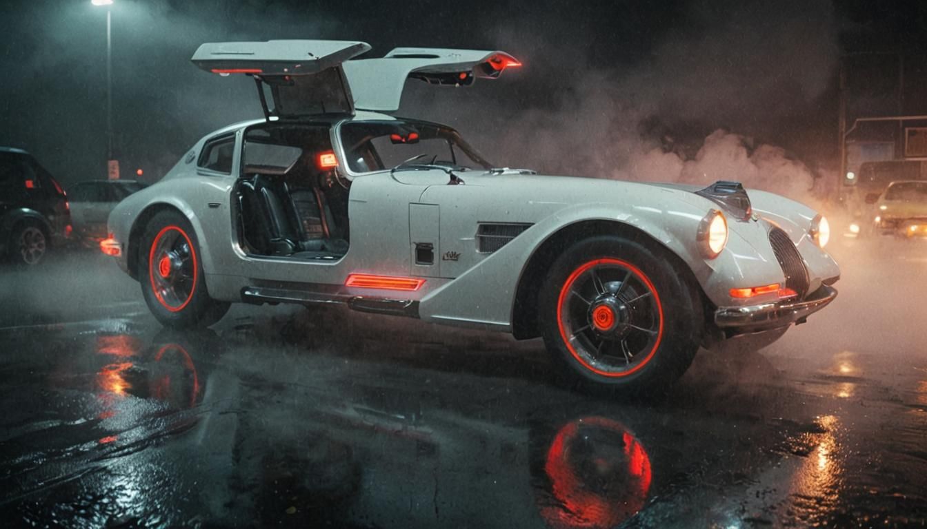 Retro-Futuristic Car Under Neon Spotlight